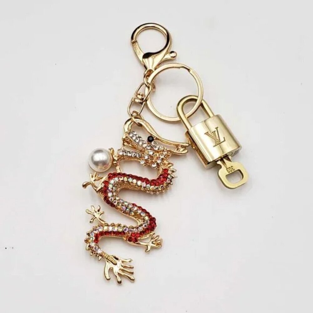Authentic LV Gold Padlock & Key 🔑 Bag Charm / Unbranded Dragon Keychain Combo